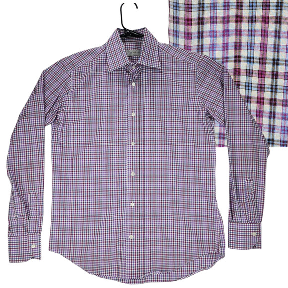 Etro sz 38 Men Button Up Dress Shirt Made in Italy Plaid Purple Pink Blue 42x28 - Picture 1 of 13